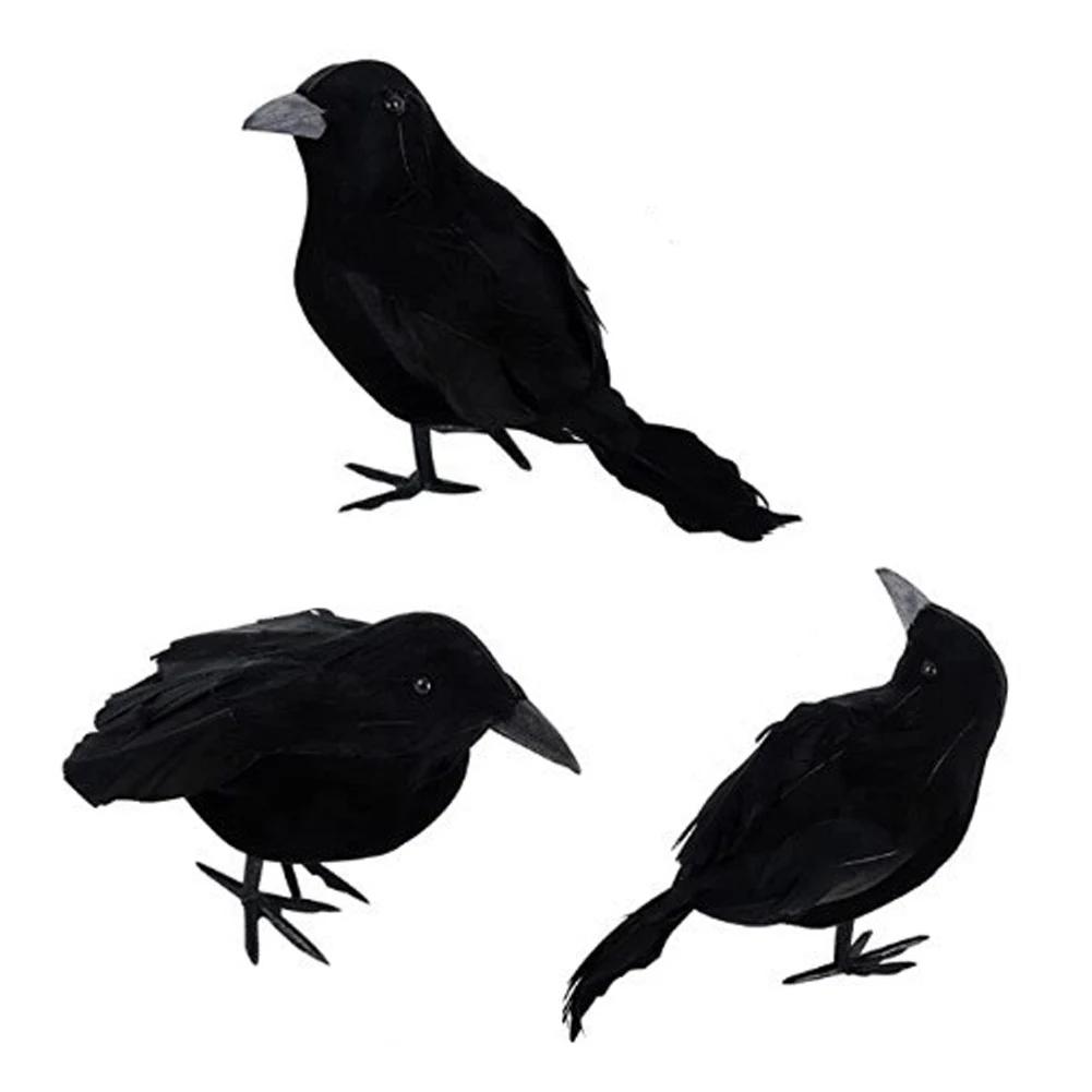 1-9PCS Artificial Black Raven Flocked Feathers Halloween Ghost Party Decoration Spooky Bird Model for Graveyard Scene Prop Favor