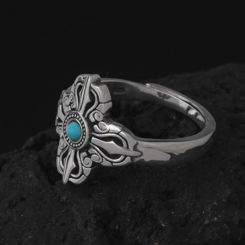 Vintage Cross Vajra Ring With Natural Turquoise Inlay Sterling Adjustable Unisex Jewelry