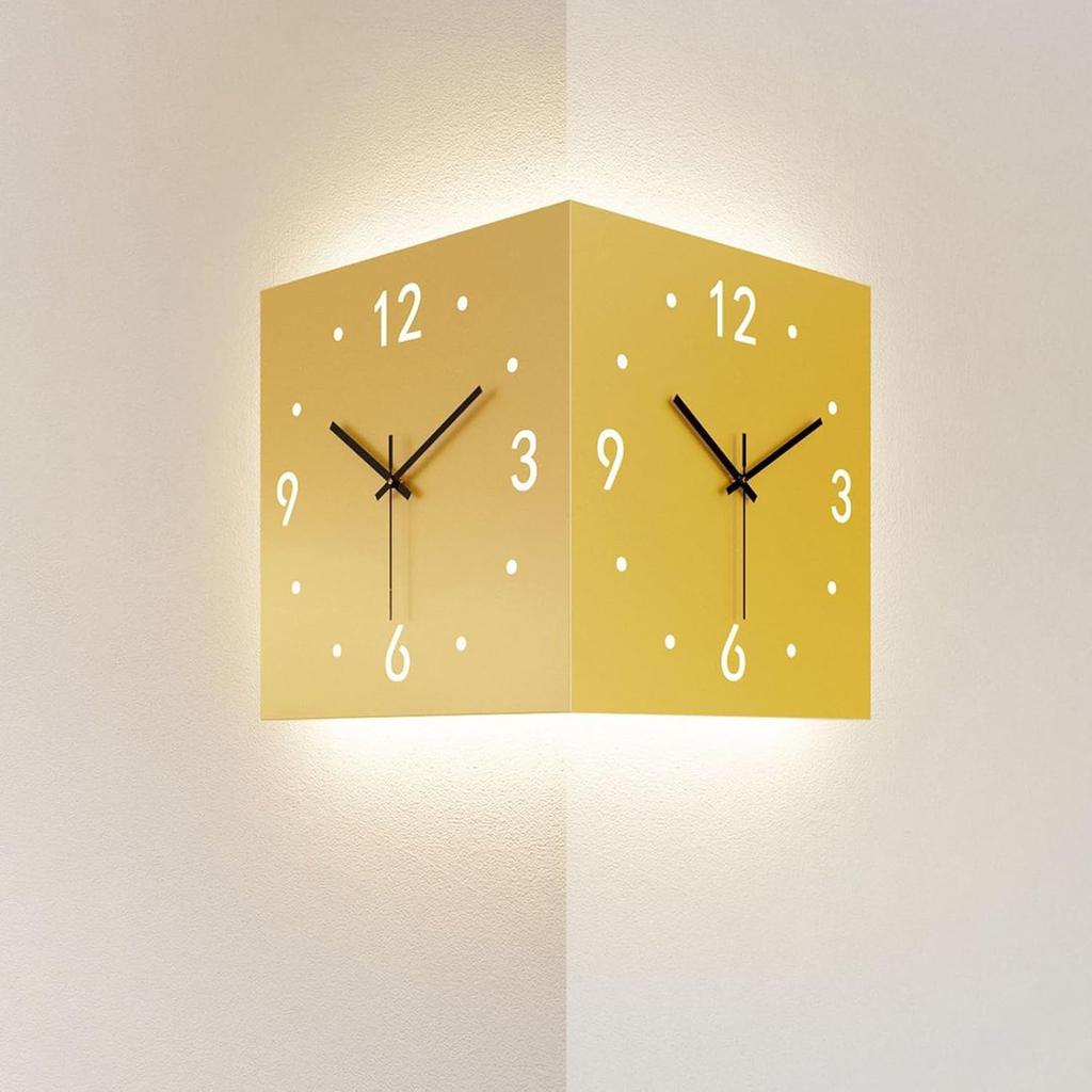 Double Sided Corner Wall Clock, Modern Decorative Art Sensor Luminous for Living Room Decor, Silent Square Digital