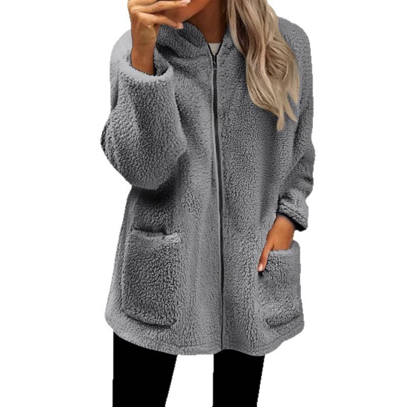 Women S Loose Plush Long Sleeve Hooded Zip Up Cardigan Coat