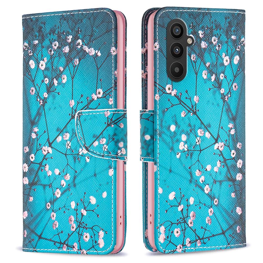 

For Samsung Galaxy A24 4G (162.1 x 77.6 x 8.3mm) Pattern Printing Anti-drop Phone Case PU Leather Wallet Stand Cover Plum Blossom