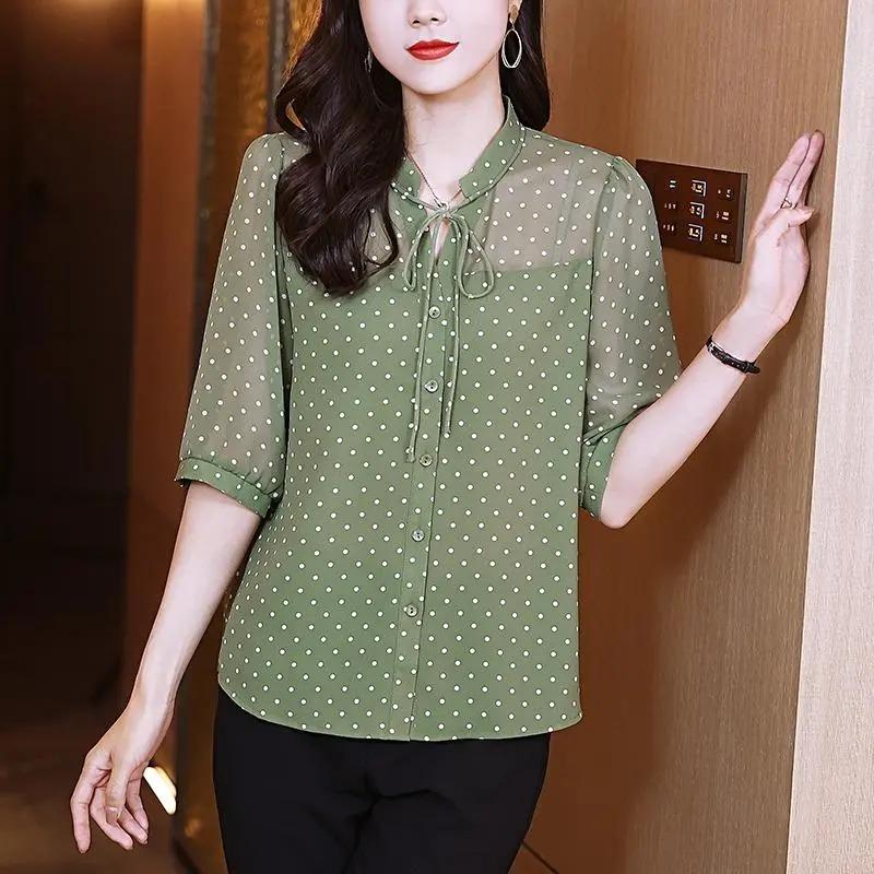 Chiffon Shirt for Women Fashionable Age-reducing Top Half-sleeved Temperament Tie Loose and Beautiful Thin Shirt for Women