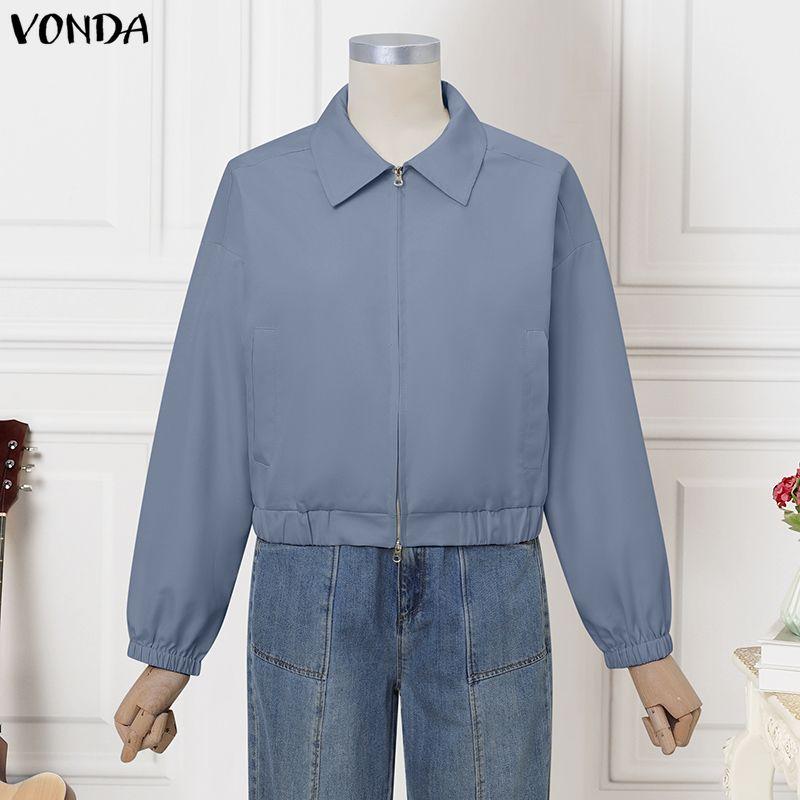 

VONDA Spring Women Lapel Neck Long Sleeve Zip-up Thin Casual Cropped Jackets Coats 5XL синий