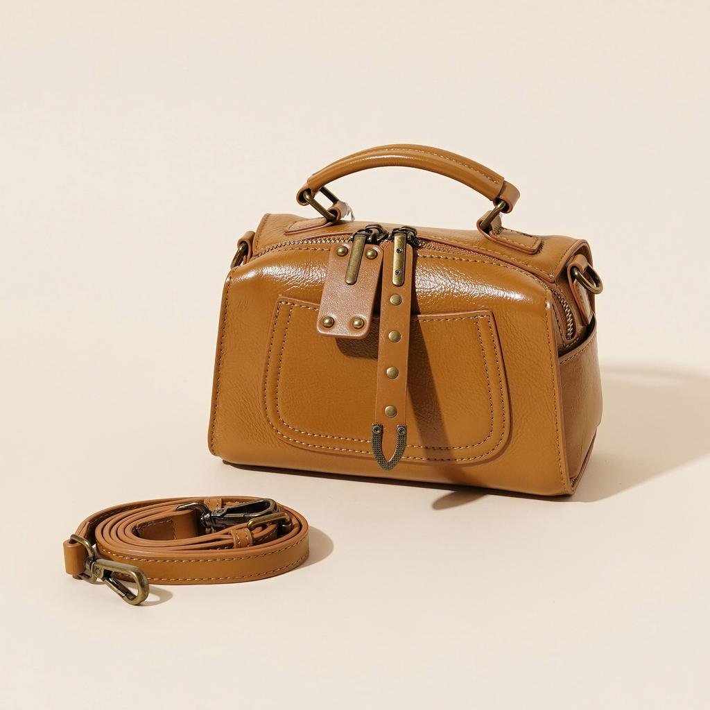 New Style Real Leather Porter Men's Wooden Handle Casual Handbag Solid Color Cowhide Single Compartment Tote Bag Women's Bag