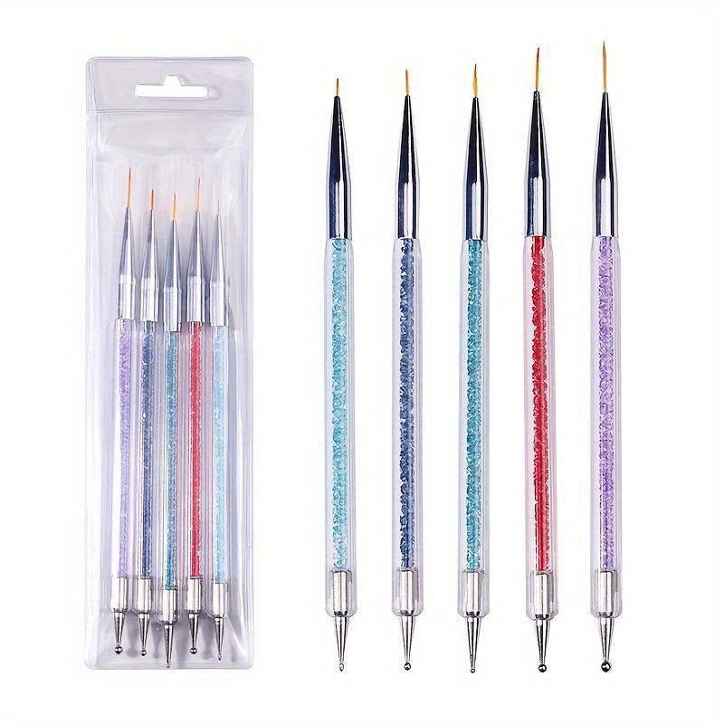 5pcs 2 In 1 Dual-Ended Nail Art Liner Brushes With Crystal Handle Professional UV Gel Dotting Painting Drawing Pen DIY Tools