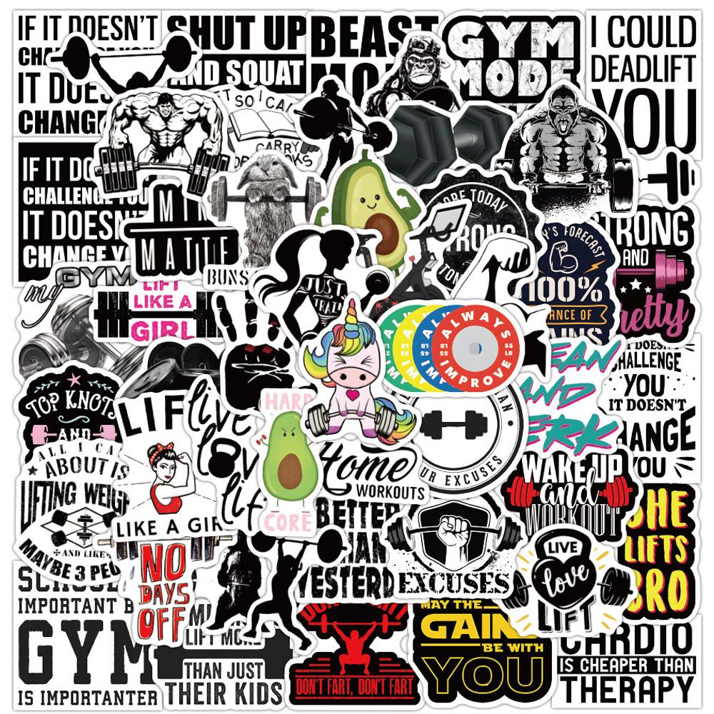 10/30/50pcs Sports Gym Fitness Inspirational Phrase Stickers Cartoon Graffiti Sticker Water Bottle Phone Luggage Decals Packing