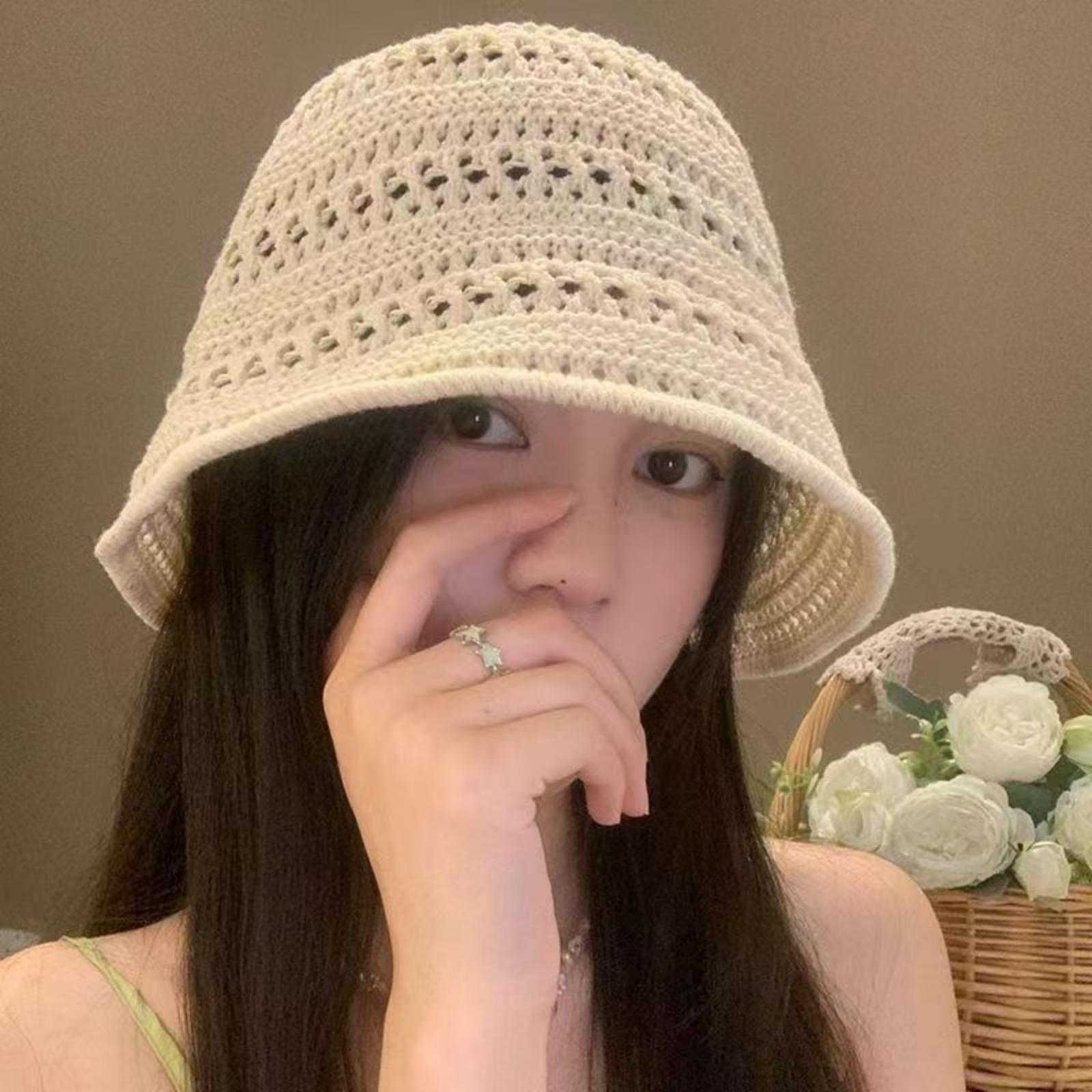 

Knitted Bucket Hat For Women Lightweight Breathable Crochet Cloche Hat Solid Color Hollow Out Sun Hat UV Protection Fisherman бежевый