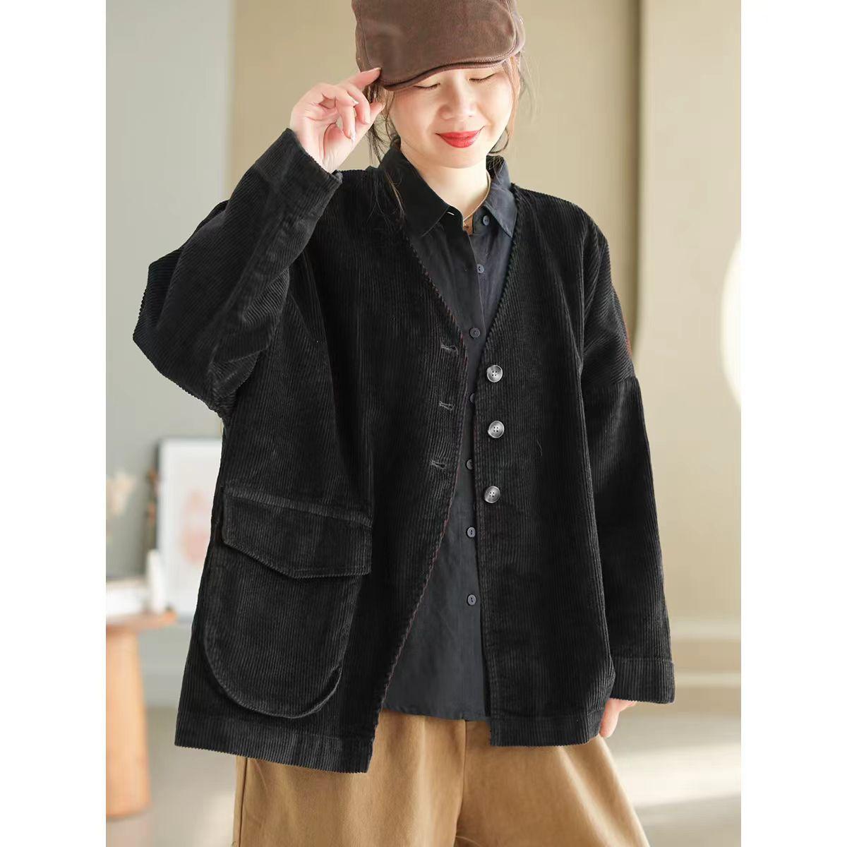 

Johnature Женское зимнее винтажное свободное повседневное пальто с V-образным вырезом, длинные рукава, однобортное однотонное ретро-пальто One Size чёрный