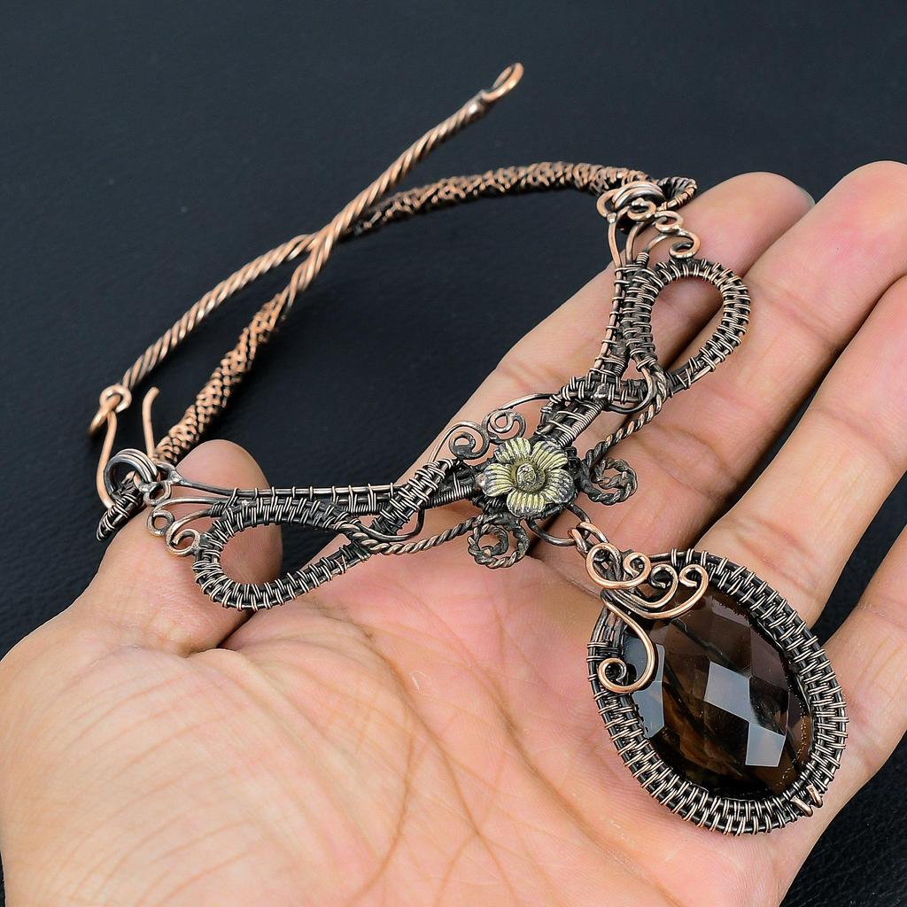 Smoky Topaz Necklace Handmade Jewelry, 999 Copper Wire Wrapped Necklace Designer Gemstone Jewelry Adjustable Chain Necklace Gift For Mom