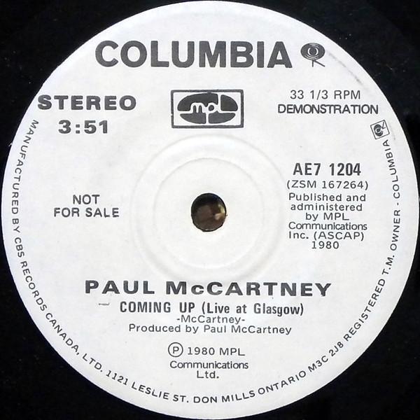 

7inch Record PAUL MCCARTNEY Coming Up Live At Glasgow AE71204PROMO Columbia 1980 Canada Rock Used