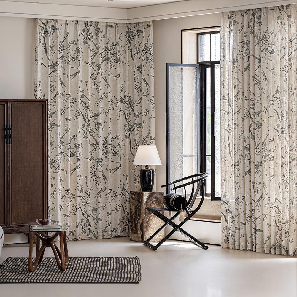 1PC NAPEARL Linen Texture Printed Sheer Curtain New Chinese Ink Bamboo Pattern Tulle for Living Room Bedroom Balcony Window Home Decor
