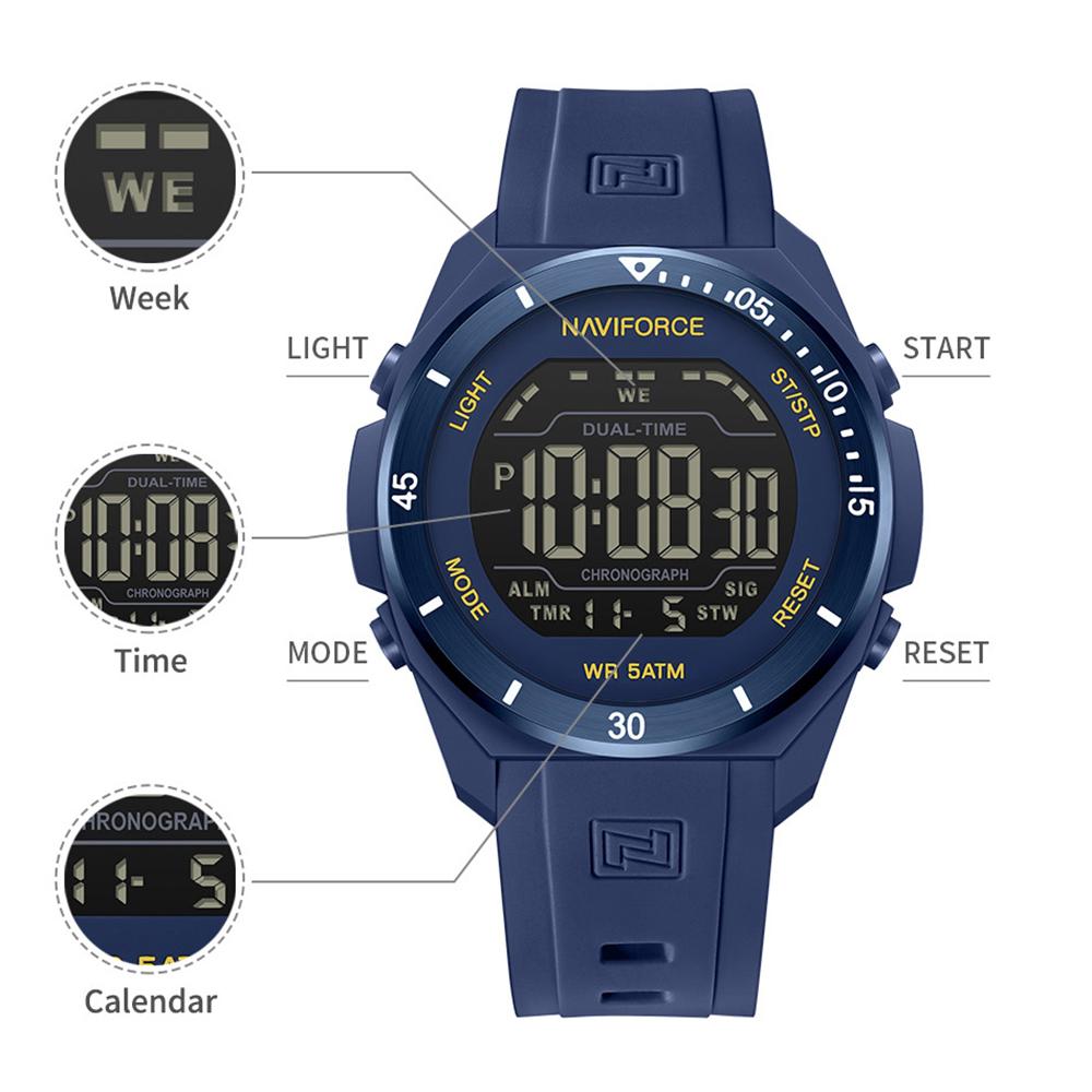 NAVIFORCE Original DIgital Watch Men LCD Display Calendar Date Chronograph Alarm Night Pattern Silicone Strap Waterproof Boys Watch NF7138