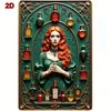 Vintage Metal Tin Wall Art X Inch Gold Frame Oil Painting Style Retro Redhead Lady with Perfume Bottle Durable Home Bar