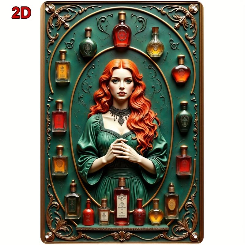 Vintage Metal Tin Wall Art x Inch Gold Frame Oil Painting Style Retro Redhead Lady with Perfume Bottle Durable Home Bar 20x30cm