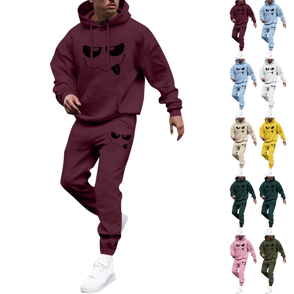 Men's Printed Hooded Sweatshirt And Sweatpants Casual Sports Suit