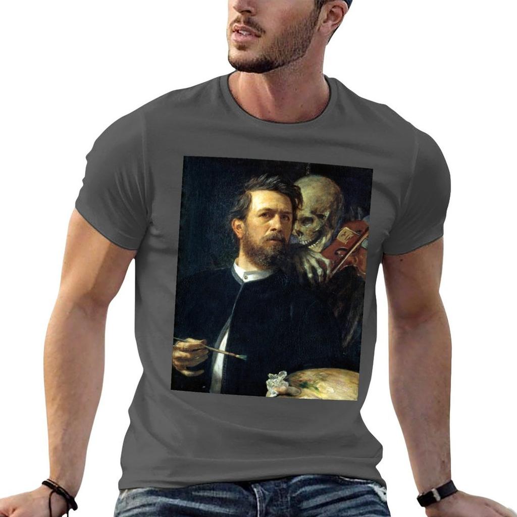 Autoritratto con la Morte che suona il violino Arnold Böcklin Maglietta Base a Maniche Corte da Uomo