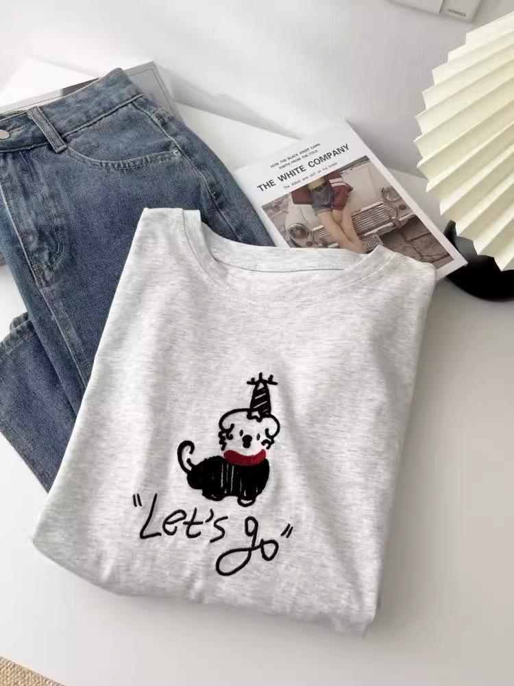 

Корейская омолаживающая красная футболка с вышивкой щенка - Мягкий облачный хлопок с начесом, короткий рукав, весна/лето 2025 L