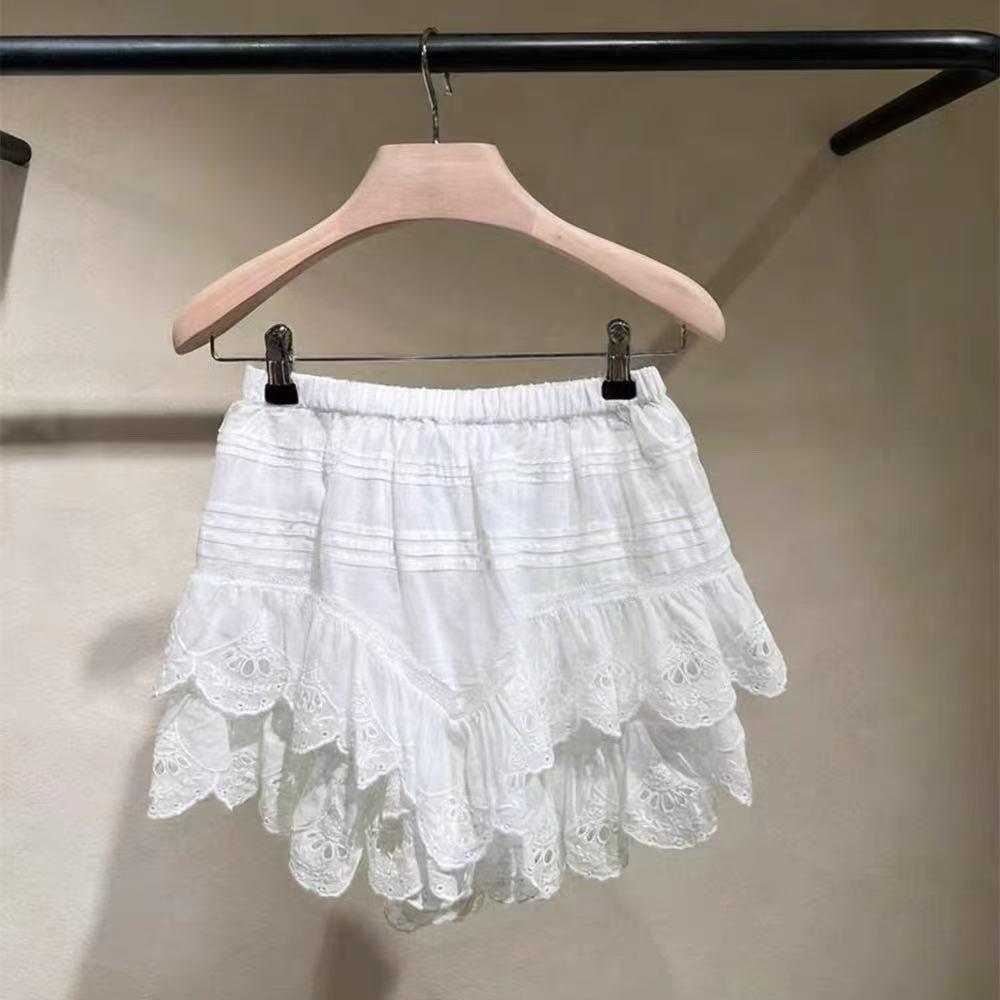 

Nan You Women s Lace Patchwork Puff Sleeve Pleated Shirt with Ruffle Skirt Pants Large