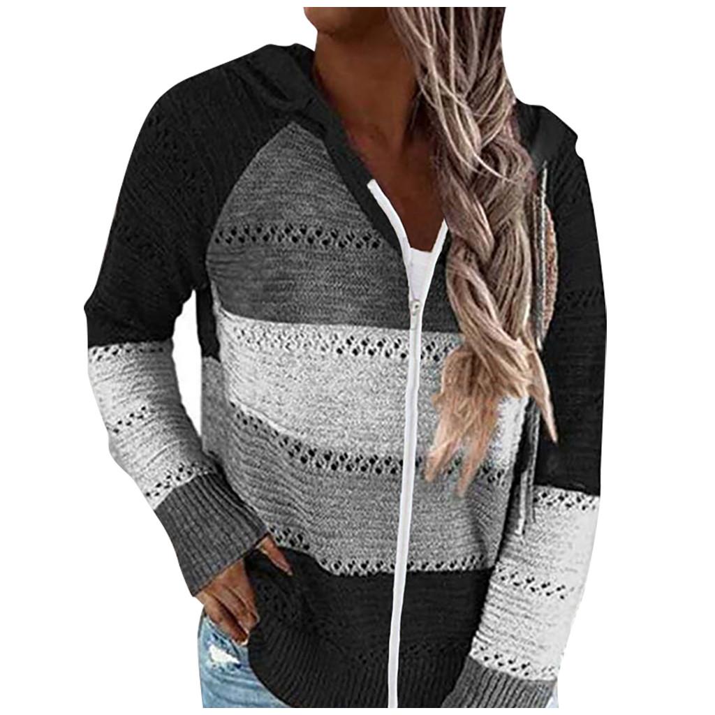 Fashion Women Casual Patchwork Long Sleeves Hooded Sweater Cardigan Blouse Tops