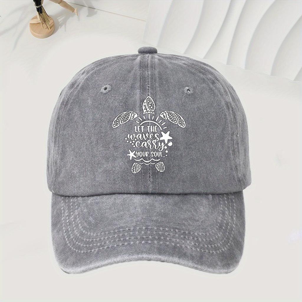 Turtle print baseball cap with retro washed style, adjustable unisex, ideal accessory for outdoor activities