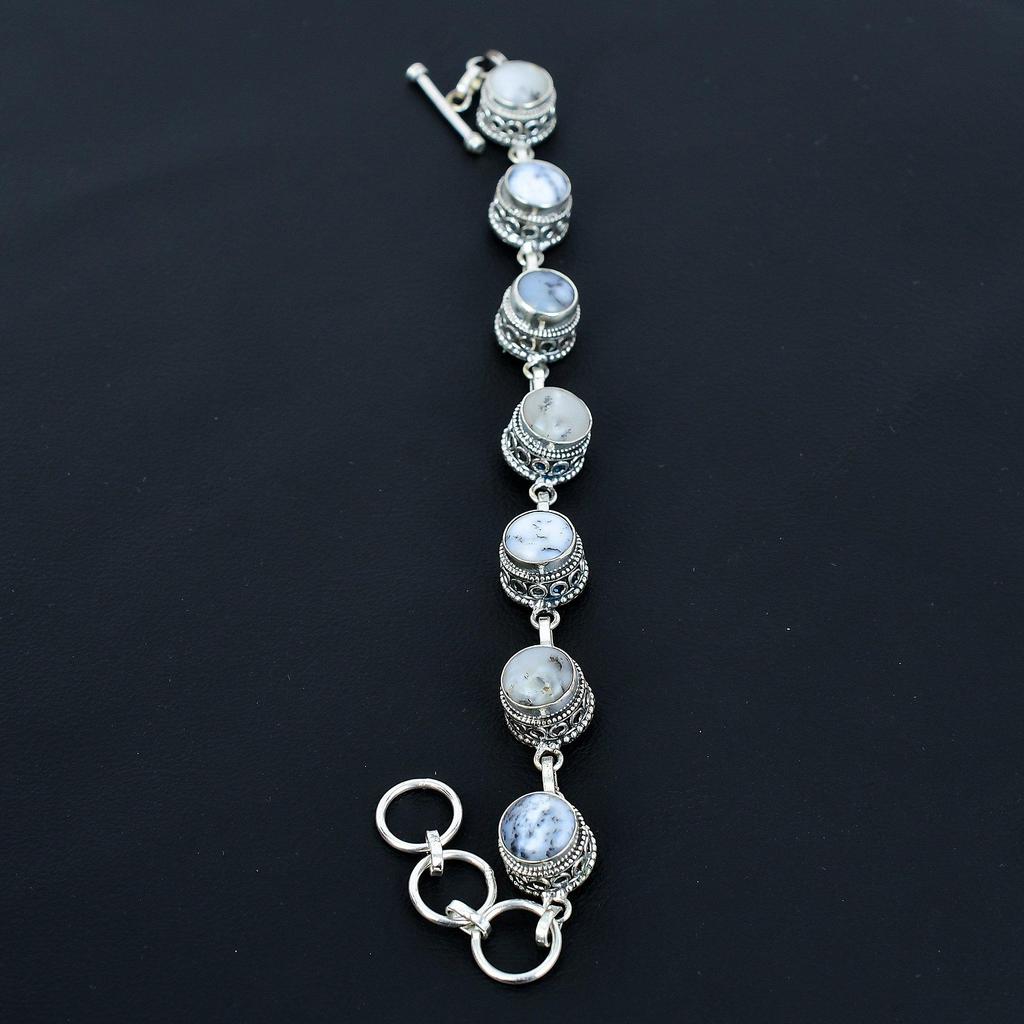 Pulseira de Opala Dendrítica Natural Pulseira de Prata Esterlina 925 Pulseira com Corrente Ajustável Pulseira Boho Feita à Mão Joias de Pedra Preciosa Presentes de Noivado