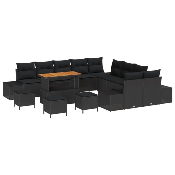 Set de 14 pièces de canapés de jardin avec coussins noir en rattan synthétique, Canapé de jardin 2 places avec coussins noir 3362849