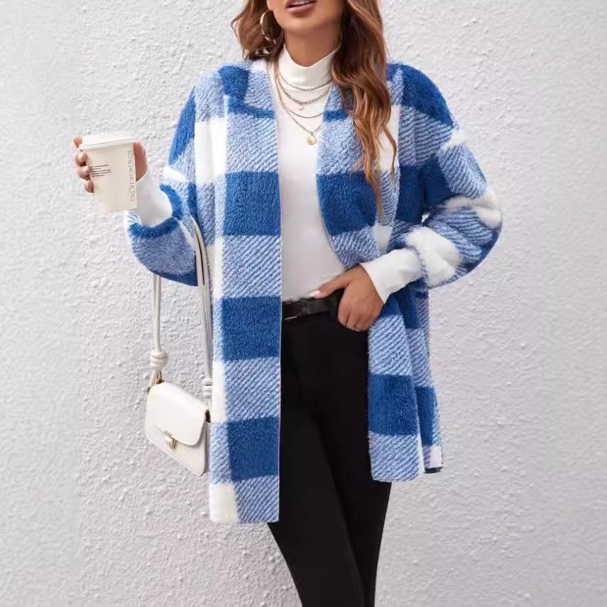 Women's Autumn/Winter Hooded Plaid Plush Cardigan Jacket