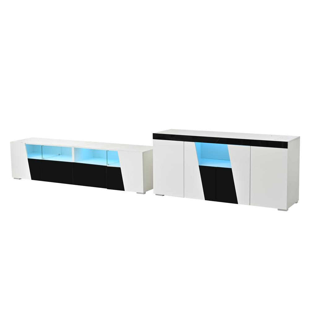 TV cabinet and side cabinet combination, 180*38.5*45cm high-gloss, LED lighting, lowboard, 140 x 40 x 65 cm, living room sideboard, black-white