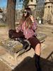 European American Women's Striped Lace-up Long-Sleeve Loose Top