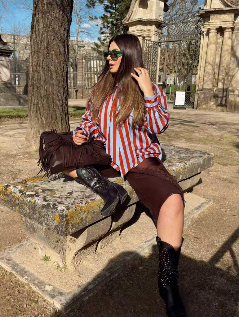 European American Women's Striped Lace-up Long-Sleeve Loose Top