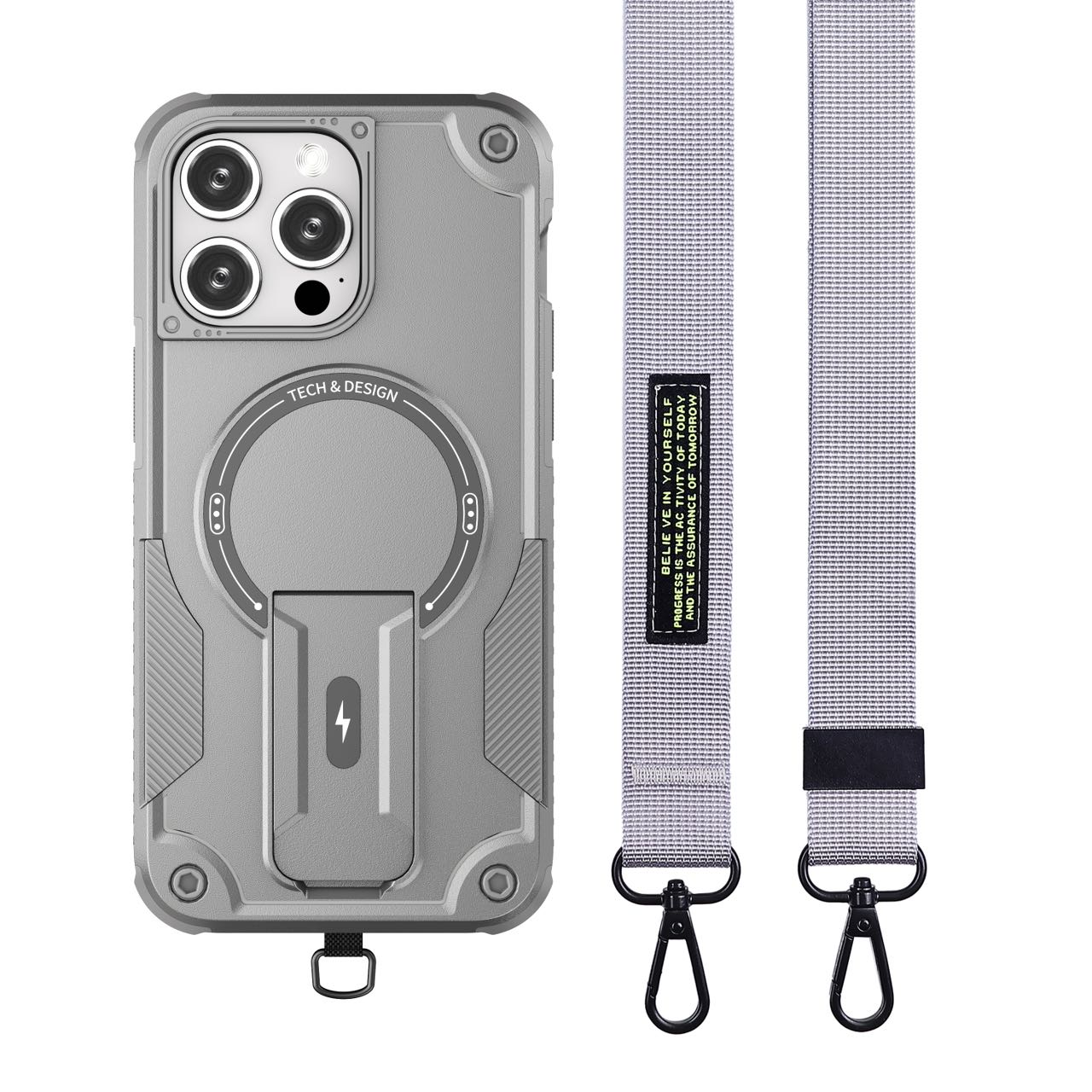

For iPhone 16 Pro Case Compatible with MagSafe TPU+PC Kickstand Phone Cover with Strap Grey