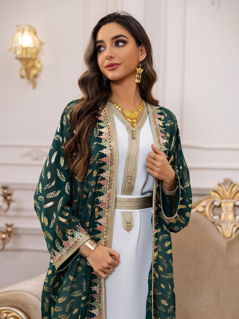 AB454 Women's Plus Size Dubai Chiffon Abaya Set - Three-Piece Middle Eastern Cardigan Long Dress with Hot Stamping