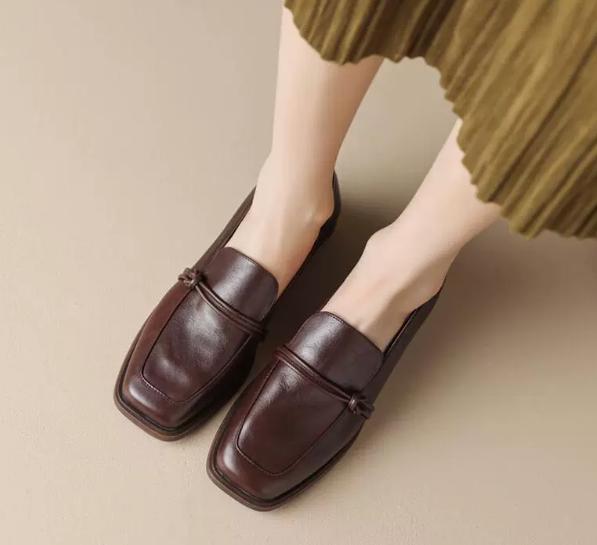 Fashion Classic loafers for women, genuine leather square toe slip-on, vintage women's casual comfort shoes, handmade, size 40