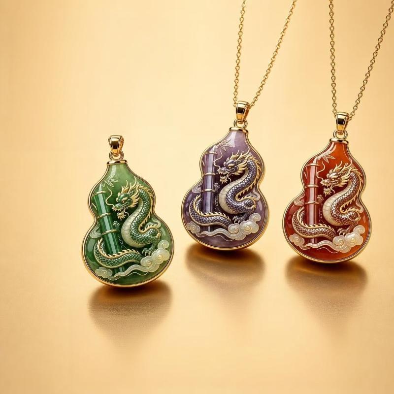 Chinese Lucky Dragon Phoenix Enamel Gourd Pendant Necklace Totem Ethnic Jewelry Minimalist Unisex Fashion