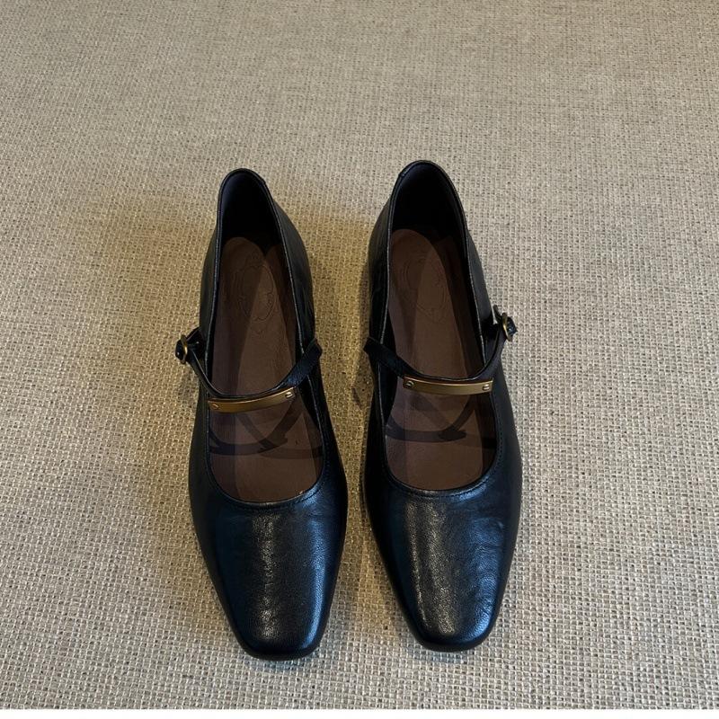 

Cowhide version~ French retro word with Mary Jane shoes women s leather flat-bottomed temperament comfortable shallow mouth single shoes small leat 40 чёрный
