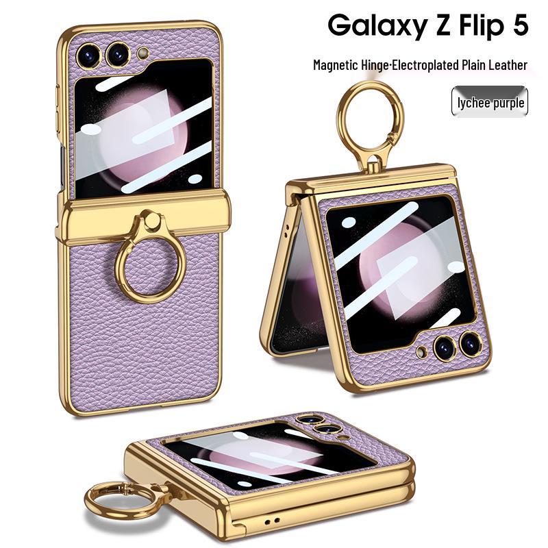 Samsung Z Flip5 Foldable Case: Magnetic Hinge, Electroplated Leather, Ring Holder Samsung Galaxy Z Flip5