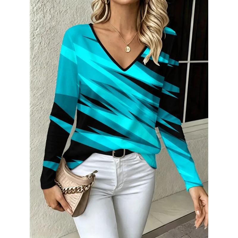 Women's Autumn 3D Printed V-Neck Long Sleeve T-Shirt