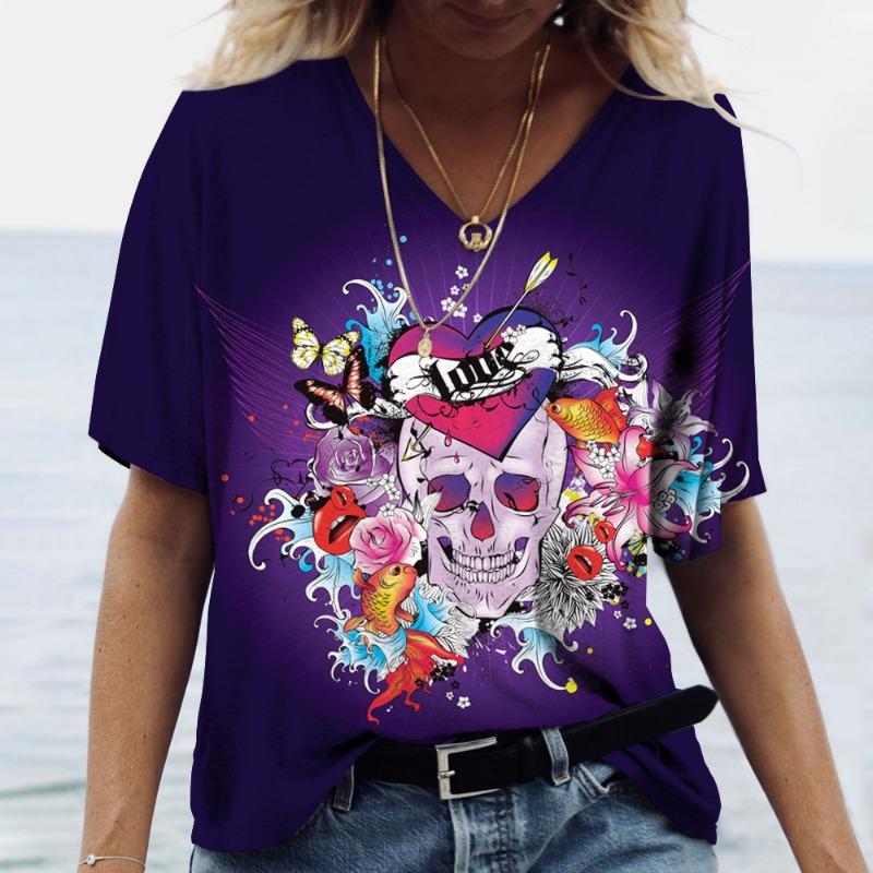Ladies' V-neck Floral Skull Print Casual Loose Street Trendy T-Shirts Women’s