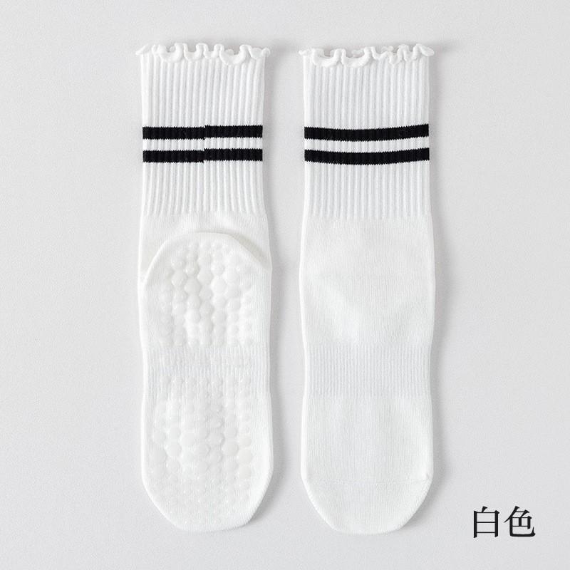 

1 Pair of Mid Tube Double Bar Striped Yoga Socks Anti Slip Dance Sports Breathable Socks Fitness Pilates Cotton Socks B білий