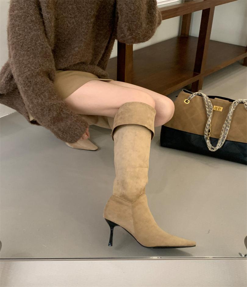 Two-wear Foldable Stacking Boots, Suede High-heeled French Pointed Over-the-knee Boots, Women's Boots, New In Autumn and Winter 2025