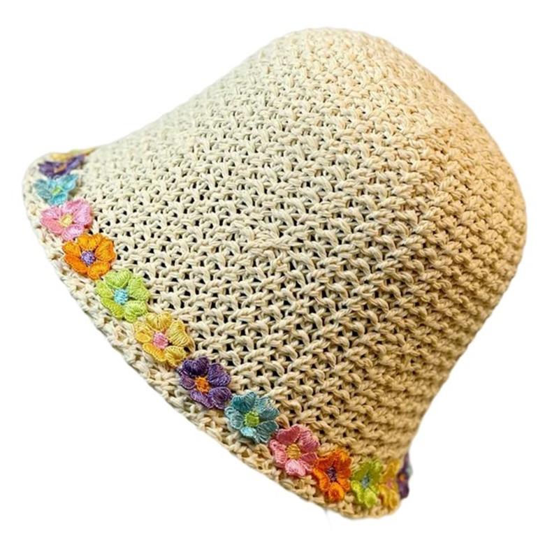 Crochet Bucket Hat with Flower Decals Summer Spring Bucket Hat Crochet Floppy Hat for Adult Teen Hat Knitted Sun Hat