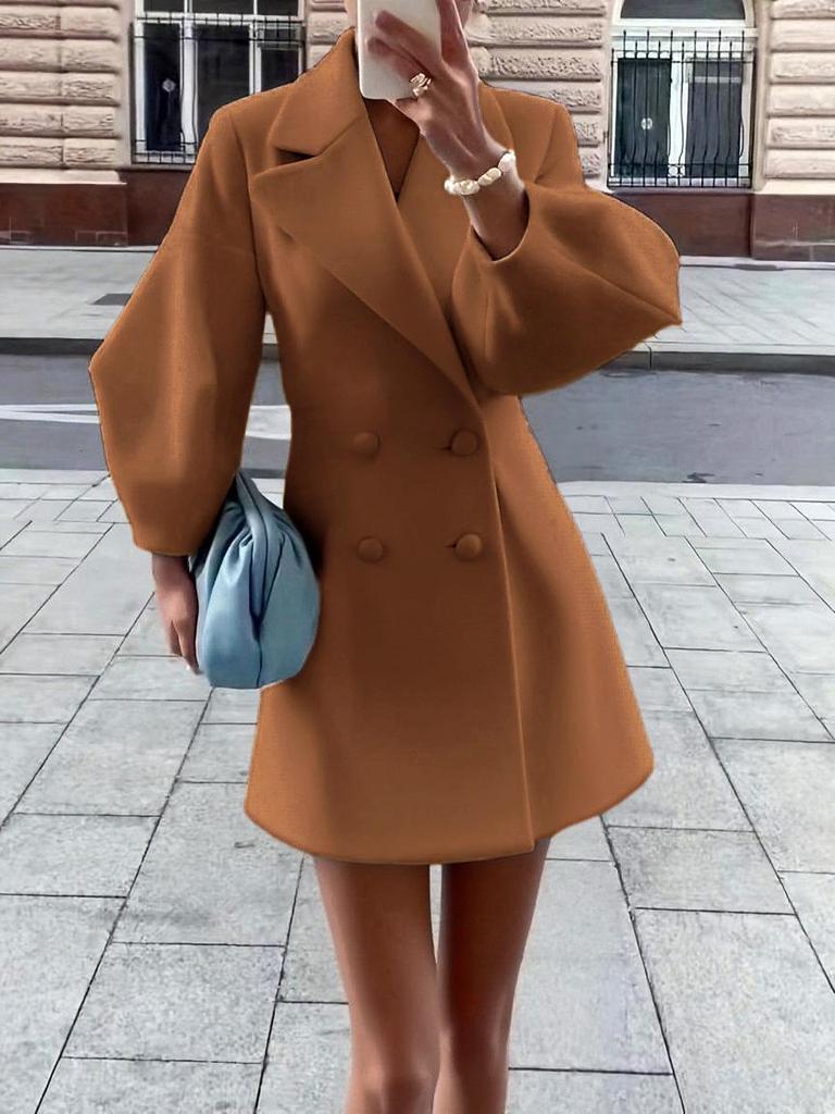 Available Retro European & American Wool Coat with Lantern Sleeves and Large Lapel for Autumn/Winter.