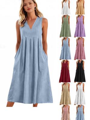 Vestido de Verano Estilo Europeo y Americano 2026 Talla Grande Escote en V Algodón Lino Sin Mangas Línea A – Adelgazante, Longitud Media