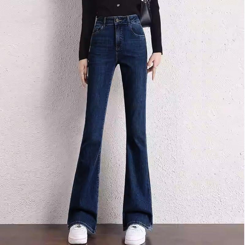 Women's Blue Velvet-Lined High-Waisted Flare Jeans - Plus Size, Slimming Autumn/Winter Style
