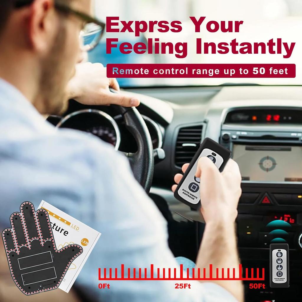 Middle Finger Car Light - Glogesture Hand Light For Car,Light Up Middle Finger For Cars Window, Led Hand Gesture With Remote,Road Rage Hand Led Sign,