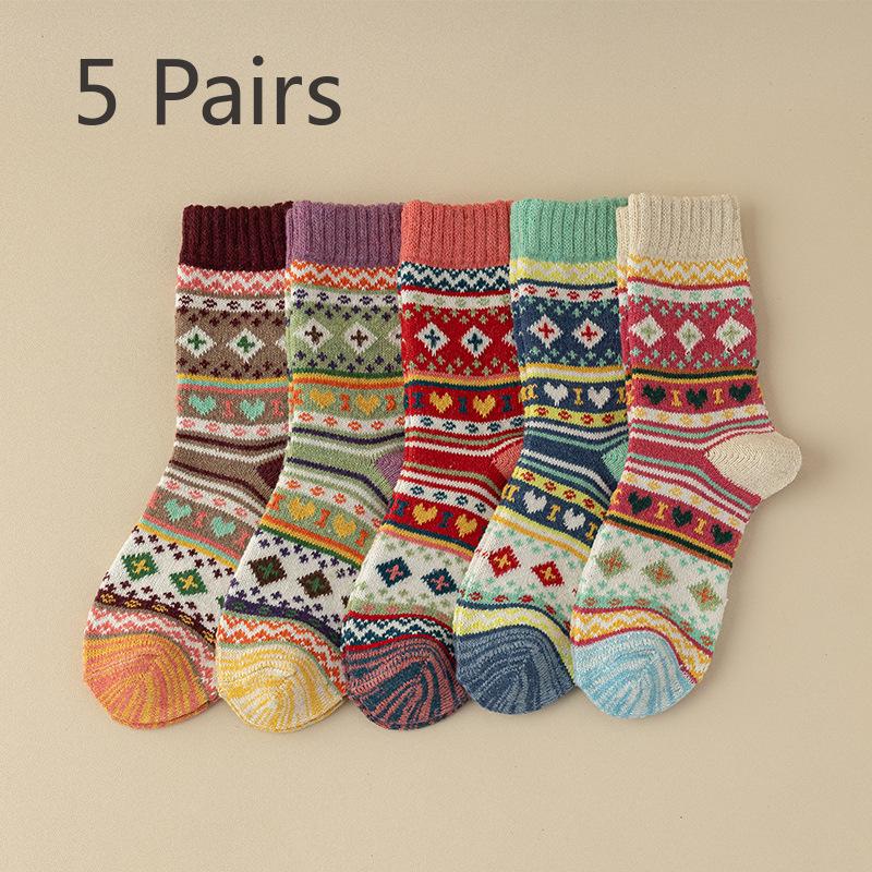 5 Pairs of Women Retro Thickened Warm Ethnic Wind Rabbit Wool Mid Tube Socks