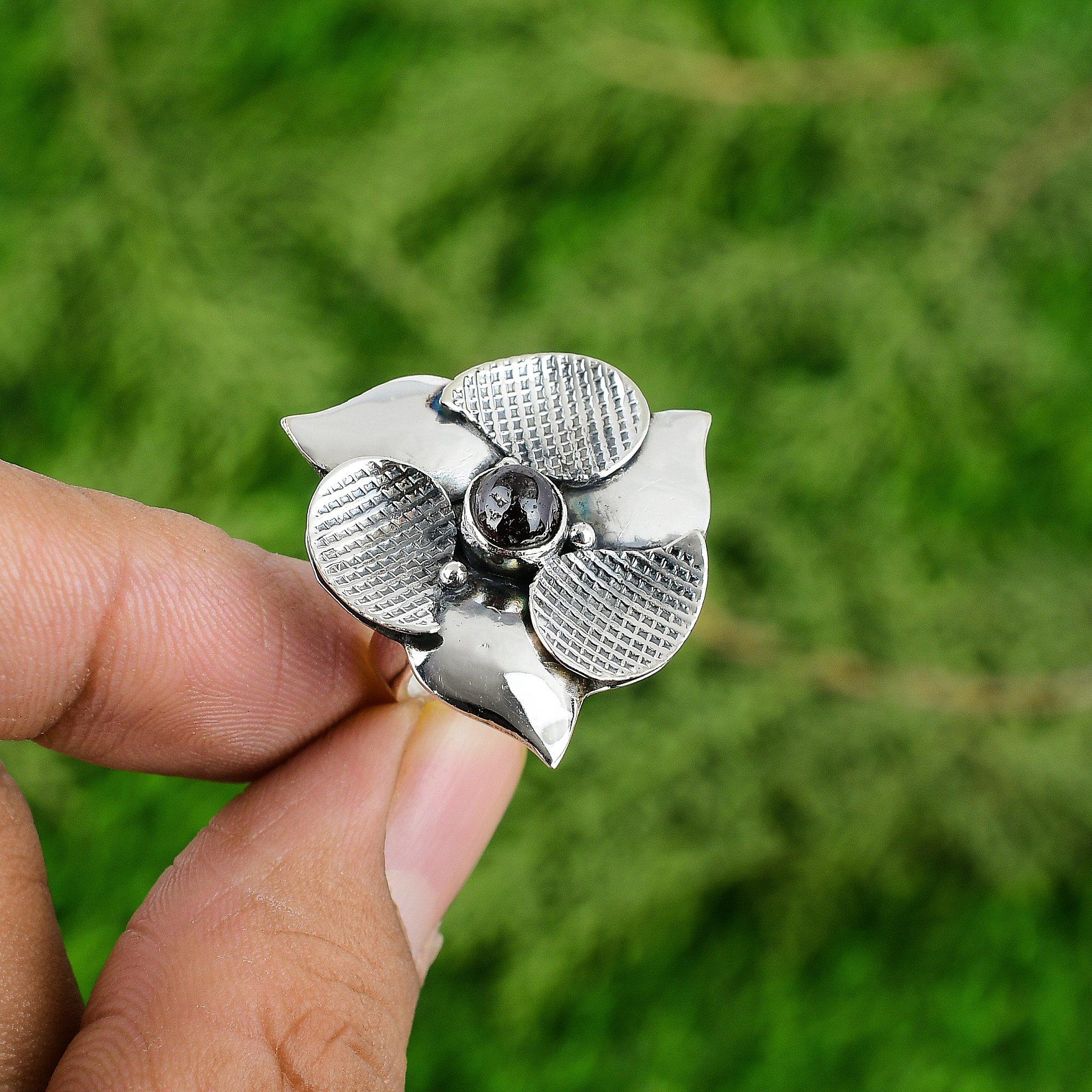 

Natural Tourmaline Gemstone 925 Silver Promise Flower Adjustable Ring For Girls Adjustable