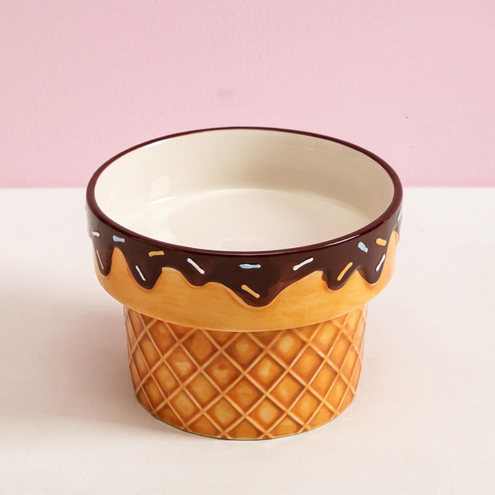Large Diameter Cat Food Bowl Ice Cream Shape Elevated Cat Bowl Ceramic Cat Bowl  For Cats and Dogs