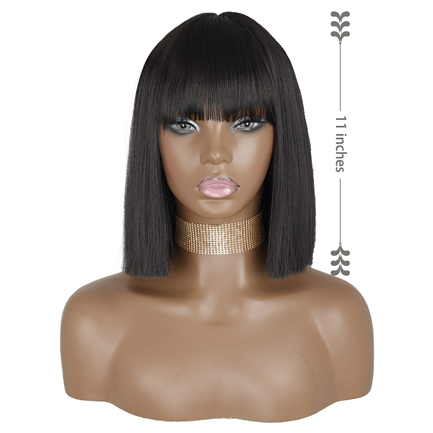 

MISSQUEEN Короткий черный парик Боб с челкой Прямые черные синтетические парики Боб для женщин Натуральный парик средней части Боба