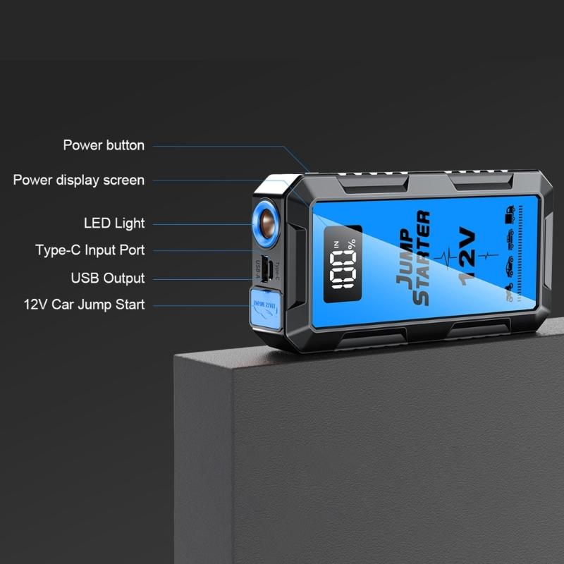 Vehicle Jump Pack with 5 V/2 A Input and Output, LCD Battery Readout, 12 V Starting Support, and Steady, Flashing, and Emergency Light Modes